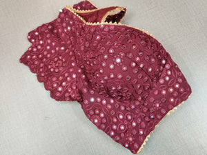 Buy stunning wine color mirror work designer saree blouse online in USA. Elevate your Indian ethnic saree looks with beautiful readymade saree blouse, embroidered saree blouses, Banarasi saree blouse, designer sari blouses from Pure Elegance Indian fashion store in USA.-sleeves