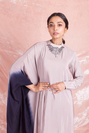 Buy stunning mauve embroidered draped art crepe dress online in USA. Keep your wardrobe updated with a latest collection of designer Indian dresses, designer suits, Indowestern dresses, Anarkali suits from Pure Elegance Indian fashion store in USA.-closeup