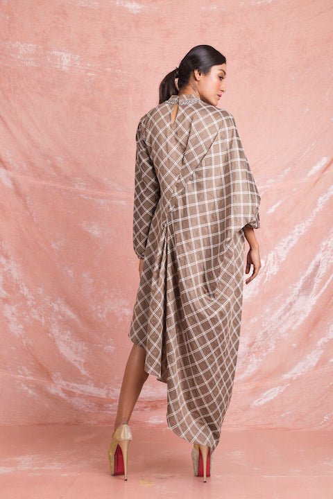 Buy contemporary grey check tussar draped dress online in USA. Keep your wardrobe updated with a latest collection of designer Indian dresses, designer suits, Indowestern dresses, Anarkali suits from Pure Elegance Indian fashion store in USA.-back