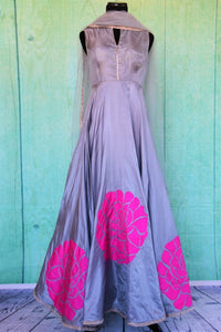 501190 Full Length Grey Anarkali With Floral Patch Work