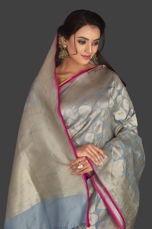 Shop gorgeous steel blue tussar georgette sari online in USA with silver zari work. Keep it elegant with georgette sarees, Banarasi silk sarees, handwoven sarees from Pure Elegance Indian fashion boutique in USA. We bring a especially curated collection of ethnic sarees for Indian women in USA under one roof!-closeup