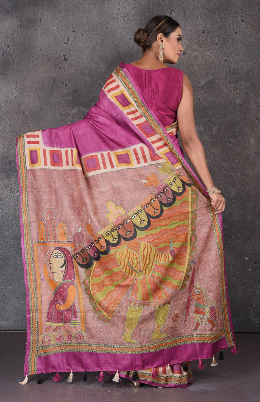 Buy stunning purple Kantha work tussar silk sari online in USA. Flaunt your ethnic style on special occasions with latest designer sarees, pure silk sarees, handwoven sarees, Kanchipuram silk sarees, embroidered sarees, georgette sarees from Pure Elegance Indian saree store in USA.-back