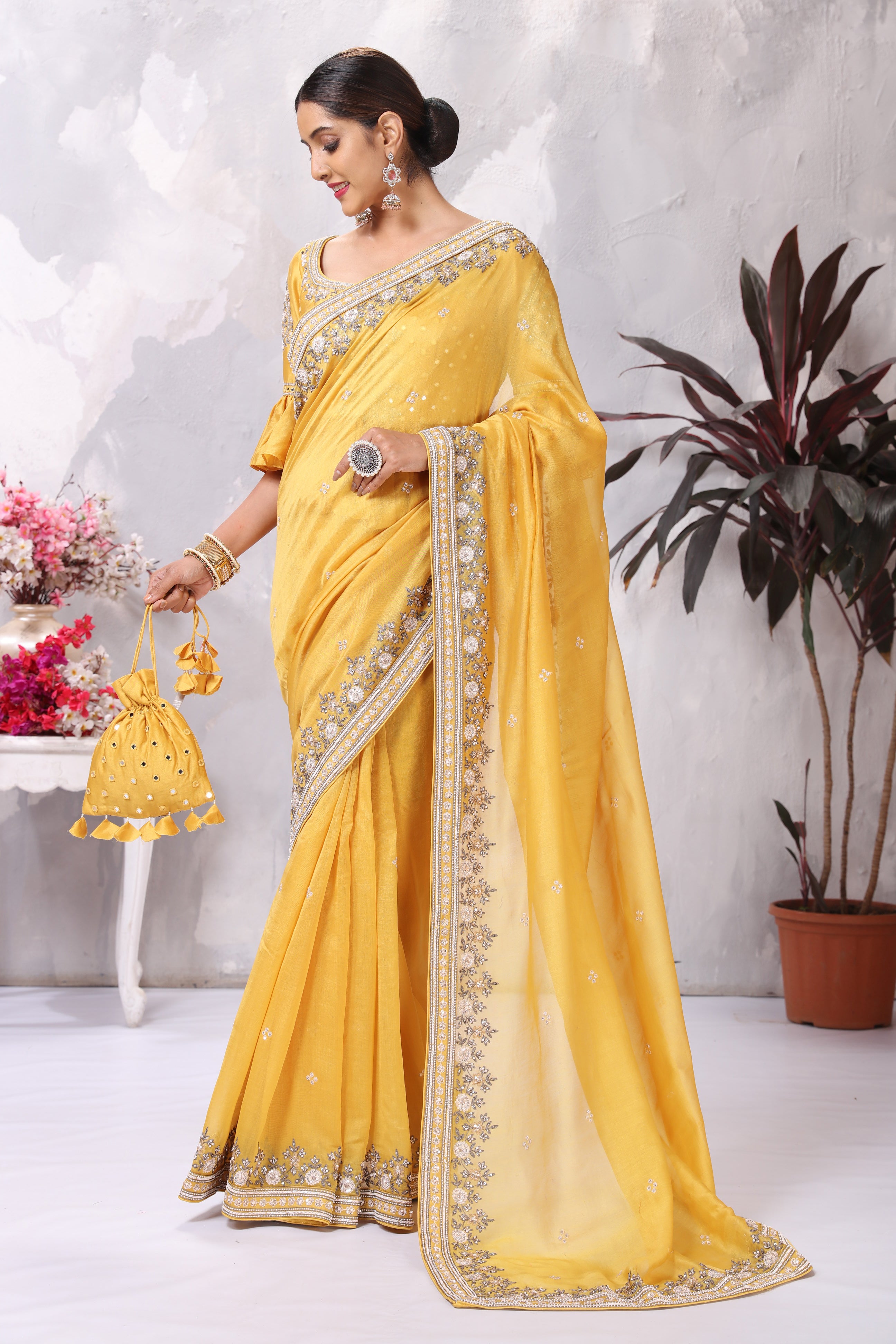 Buy mustard yellow saree online in USA with embroidered border and matching blouse. Flaunt Indian style at parties and weddings in beautiful designer sarees, embroidered sarees, silk sarees, handloom sarees from Pure Elegance Indian fashion store in USA.-full view