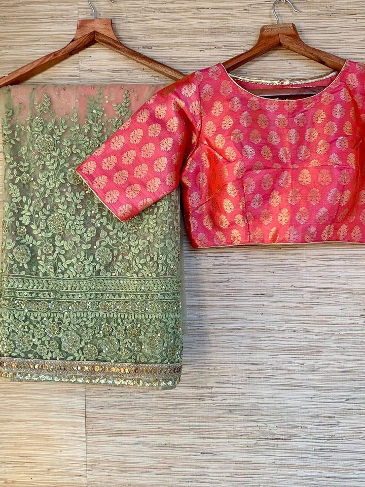 Shop stunning pink and pista green embroidered net saree online in USA with blouse. Look glamorous at parties and weddings in beautiful embroidered sarees, designer sarees, handwoven sarees, net sarees from Pure Elegance Indian fashion store in USA.-blouse