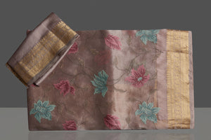 90L698 Mauve Organza Saree with Golden Zari Border and Floral Weave