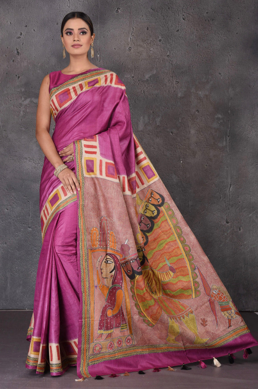 Buy stunning purple Kantha work tussar silk sari online in USA. Flaunt your ethnic style on special occasions with latest designer sarees, pure silk sarees, handwoven sarees, Kanchipuram silk sarees, embroidered sarees, georgette sarees from Pure Elegance Indian saree store in USA.-full view