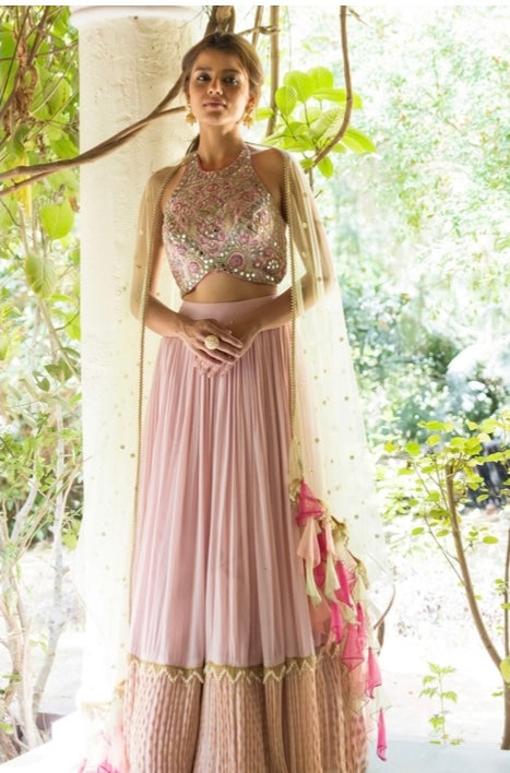 300631A Pink Mirror Embroidered Lehengha