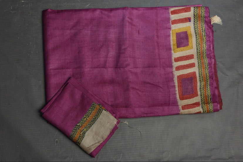 Buy stunning purple Kantha work tussar silk sari online in USA. Flaunt your ethnic style on special occasions with latest designer sarees, pure silk sarees, handwoven sarees, Kanchipuram silk sarees, embroidered sarees, georgette sarees from Pure Elegance Indian saree store in USA.-blouse
