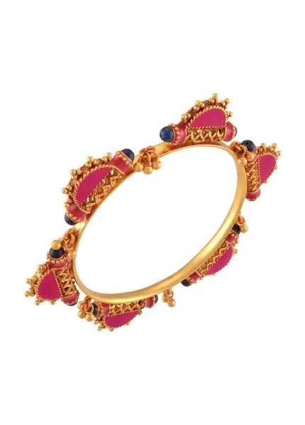 Shop Amrapali pink enamel gold plated bangle online in USA. Enrich your sarees and suit with an exquisite range of gold plated jewelry, necklaces, earrings, fashion jewelry from Pure Elegance Indian fashion store in USA.-front