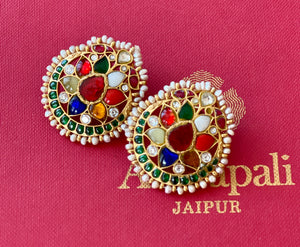 Shop beautiful Amrapali Navratana pearl stud earrings online in USA from Pure Elegance. Enrich your sarees and suit with an exquisite range of gold plated jewelry, necklaces, earrings, fashion jewelry from Pure Elegance Indian fashion store in USA.-full view