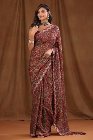 90J101C kalamkari print silk sari with embroidery