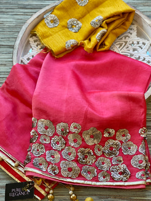 90E863 Pink Hand Embroidered Silk Saree