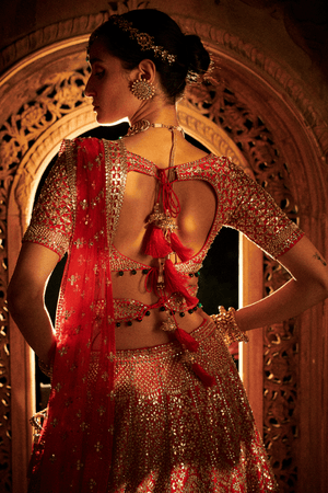300095B- Sindoori Red Bridal Gota pati  Embroidery Lehenga Choli with Dupatta