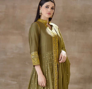 50Z077a-RO Green Palazzo Suit with Dupatta