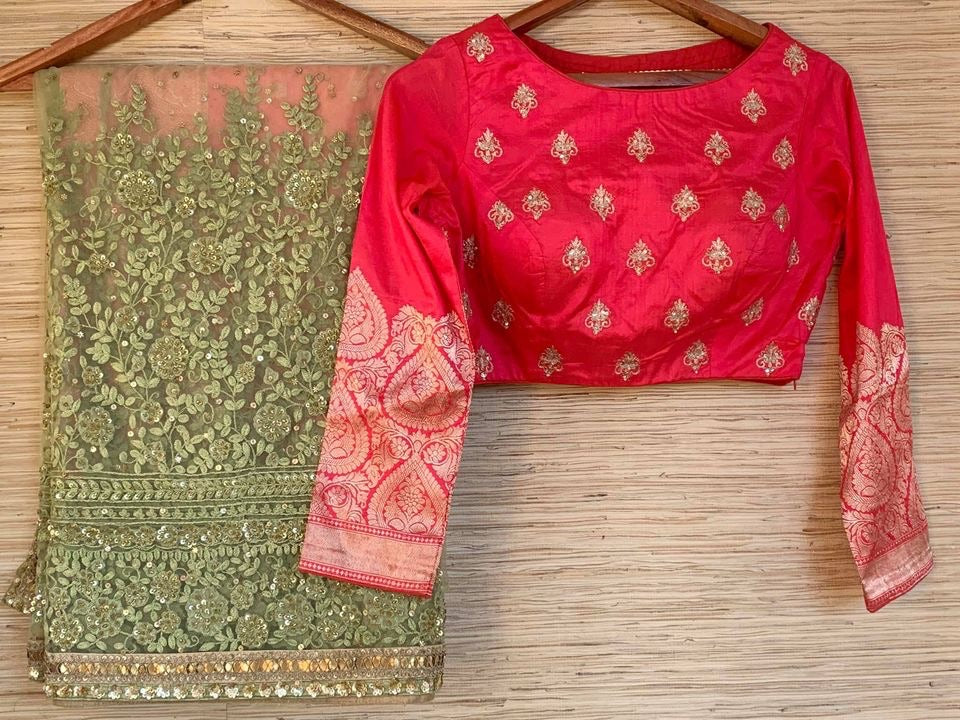 Shop stunning pink and pista green embroidered net saree online in USA with blouse. Look glamorous at parties and weddings in beautiful embroidered sarees, designer sarees, handwoven sarees, net sarees from Pure Elegance Indian fashion store in USA.-full view