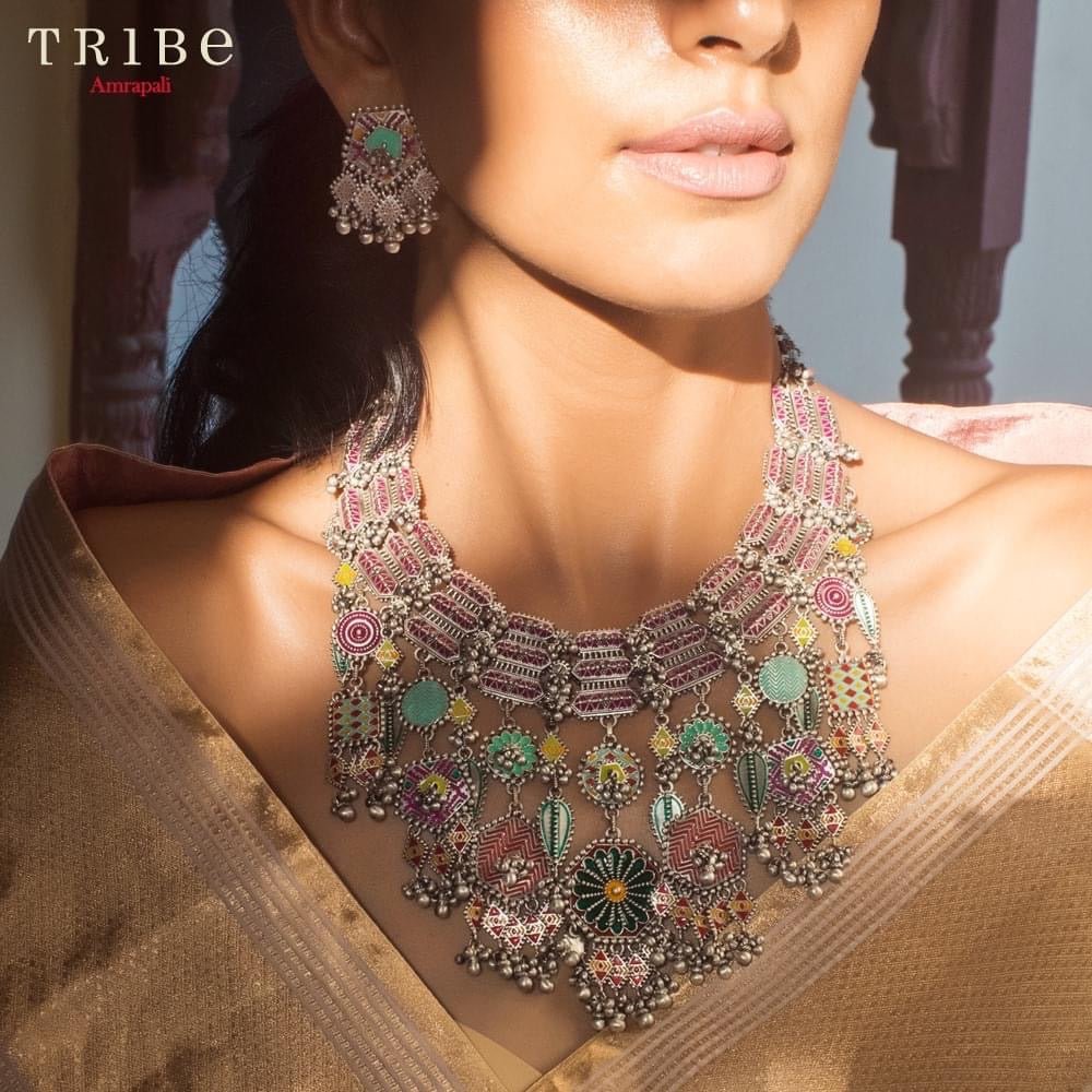 Shop Amrapali mutlicolor enamel layered silver necklace set online in USA. Enrich your sarees and suit with an exquisite range of gold plated jewelry, necklaces, earrings, fashion jewelry from Pure Elegance Indian fashion store in USA.-front