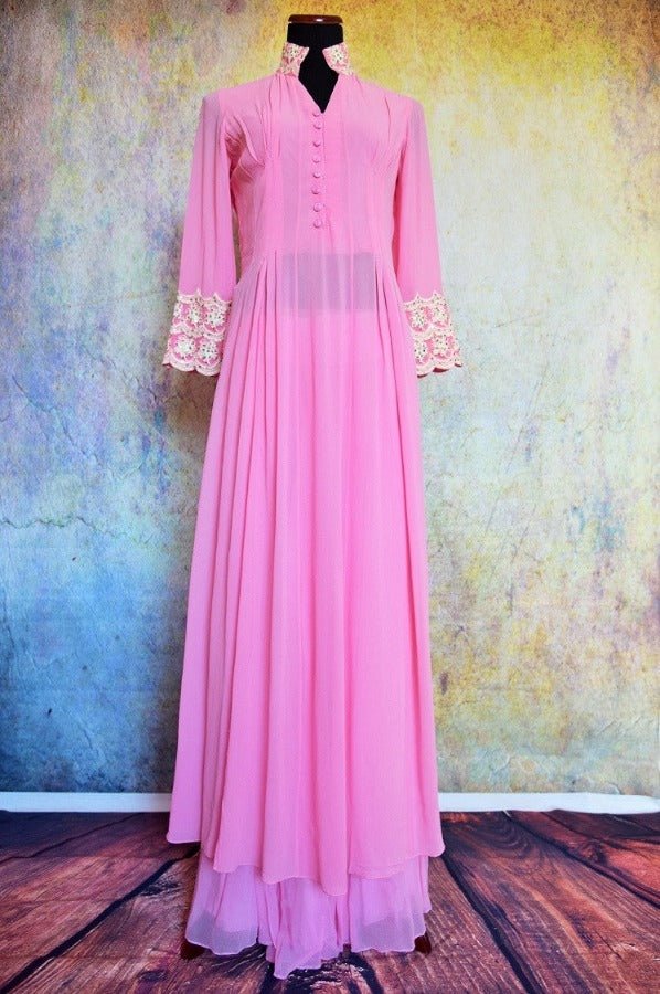 500786 Buy this traditional Indian pink suit with long kurta and palazzo pants online from Pure Elegance or from our store in Edison near NJ. Ideal for any wedding, reception, sangeet. Front View.
