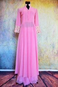 500786 Buy this traditional Indian pink suit with long kurta and palazzo pants online from Pure Elegance or from our store in Edison near NJ. Ideal for any wedding, reception, sangeet. Front View.
