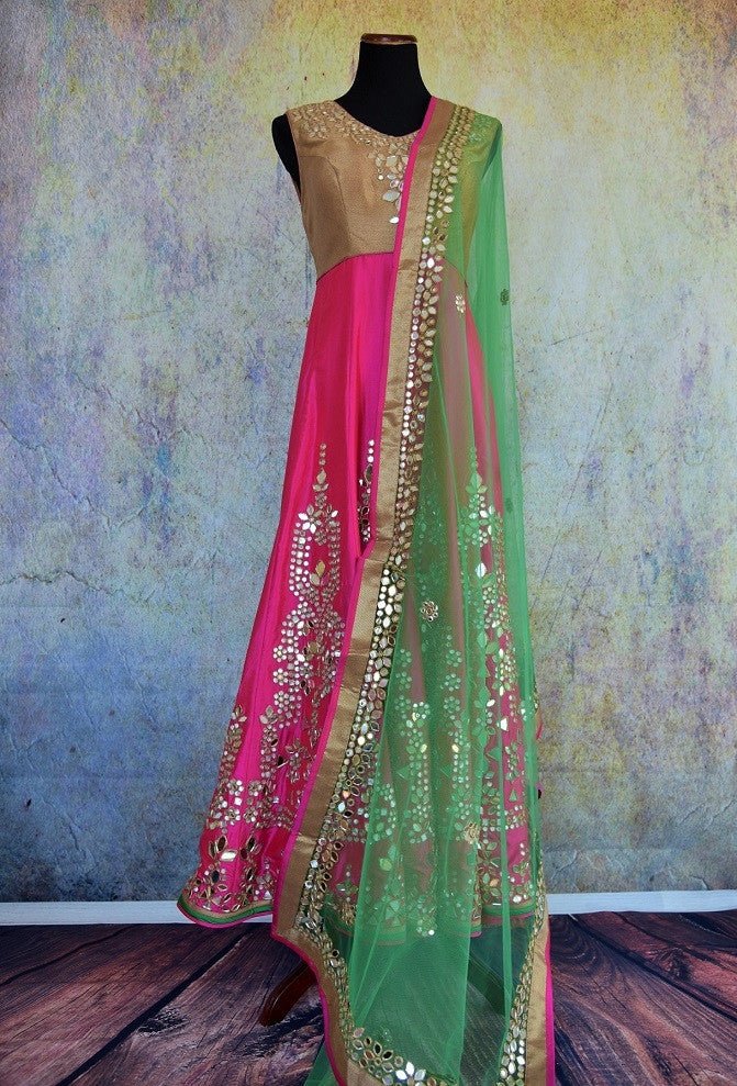 500875 Pink And Beige Anarkali With A Green Dupatta And Mirror Work