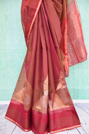 90C258 Traditional south silk saree available online in USA. The maroon and gold saree comes with paisley design and is great for festive occasions and pujas. This ethnic saree is sure to be a hit no matter what the season!