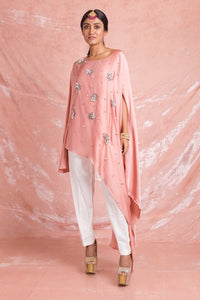 Buy lovely champagne pink embroidered satin kurta online in USA with white pants. Champion ethnic fashion on weddings and festivals with a stunning collection of designer Indian dresses, Indowestern outfits, salwar suits, Anarkali suits from Pure Elegance Indian fashion store in USA.-full view