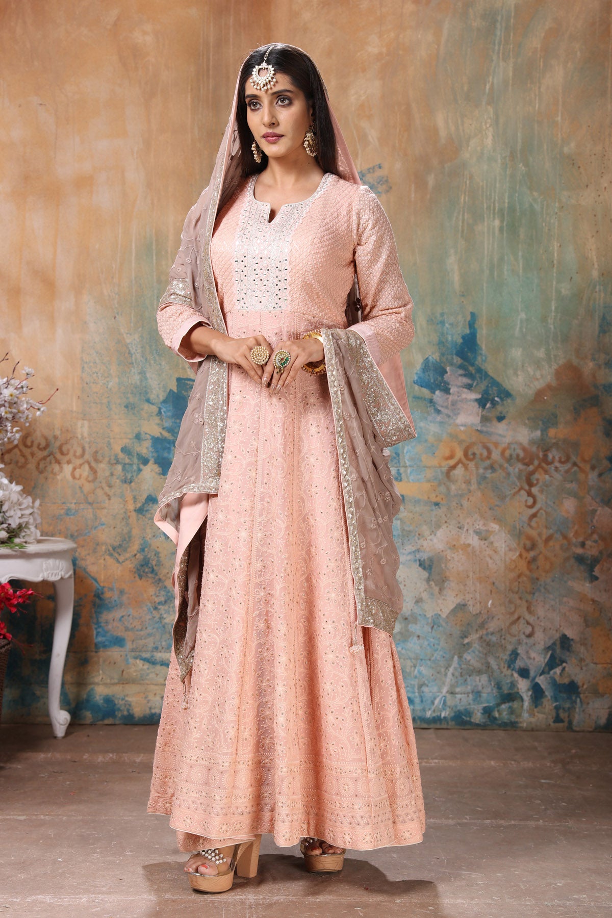 Buy beautiful peach embroidered Anarkali suit online in USA with beige dupatta. Flaunt Indian style at parties and weddings in beautiful designer dresses, salwar suits, Anarkali suits, gowns, palazzo suits from Pure Elegance Indian fashion store in USA.-full view