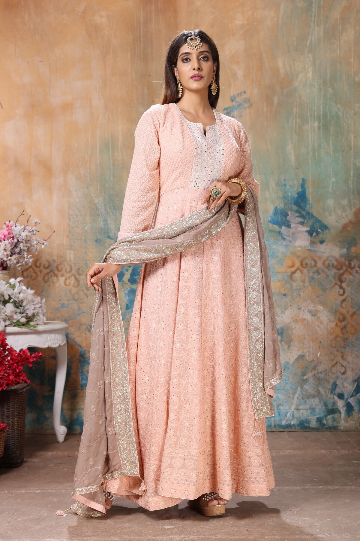 Buy beautiful peach embroidered Anarkali suit online in USA with beige dupatta. Flaunt Indian style at parties and weddings in beautiful designer dresses, salwar suits, Anarkali suits, gowns, palazzo suits from Pure Elegance Indian fashion store in USA.-side