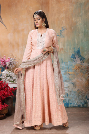 Buy beautiful peach embroidered Anarkali suit online in USA with beige dupatta. Flaunt Indian style at parties and weddings in beautiful designer dresses, salwar suits, Anarkali suits, gowns, palazzo suits from Pure Elegance Indian fashion store in USA.-dupatta