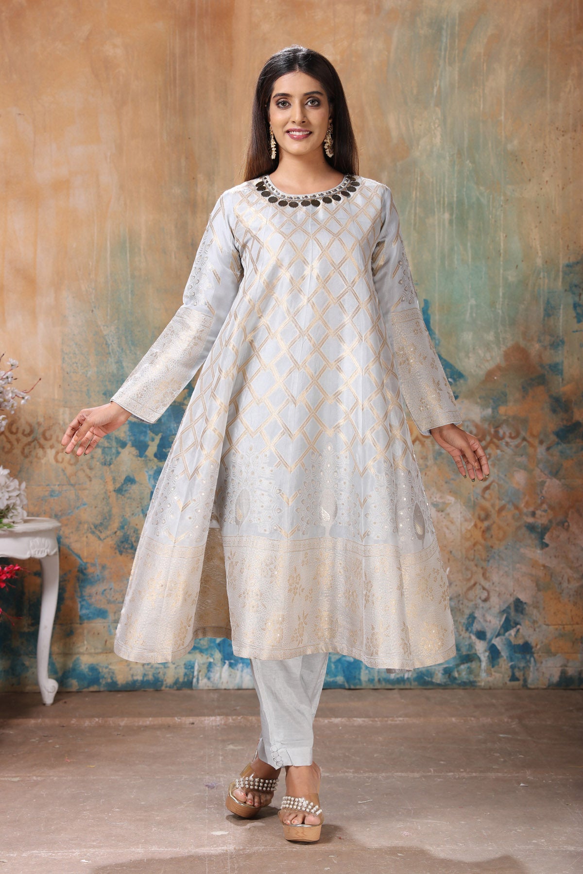 Buy stunning powder blue embroidered silk Banarasi suit online in USA with pants. Flaunt Indian style at parties and weddings in beautiful designer dresses, salwar suits, Anarkali suits, gowns, palazzo suits from Pure Elegance Indian fashion store in USA.-full view