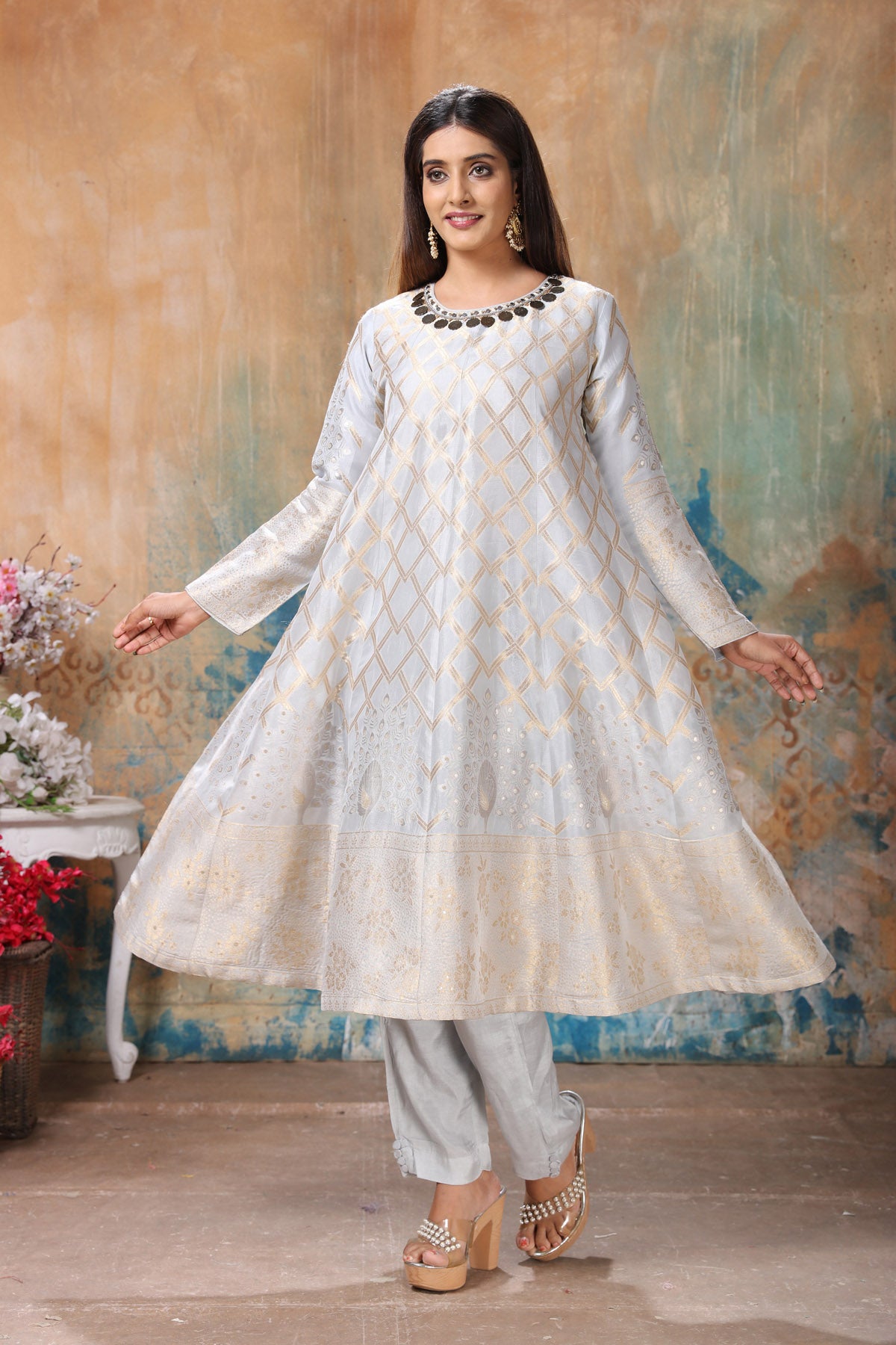 Buy stunning powder blue embroidered silk Banarasi suit online in USA with pants. Flaunt Indian style at parties and weddings in beautiful designer dresses, salwar suits, Anarkali suits, gowns, palazzo suits from Pure Elegance Indian fashion store in USA.-front