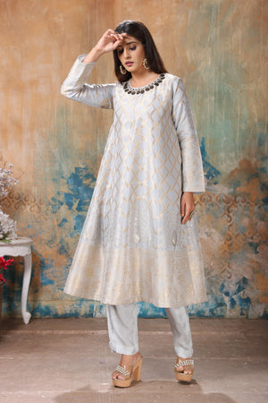Buy stunning powder blue embroidered silk Banarasi suit online in USA with pants. Flaunt Indian style at parties and weddings in beautiful designer dresses, salwar suits, Anarkali suits, gowns, palazzo suits from Pure Elegance Indian fashion store in USA.-pants