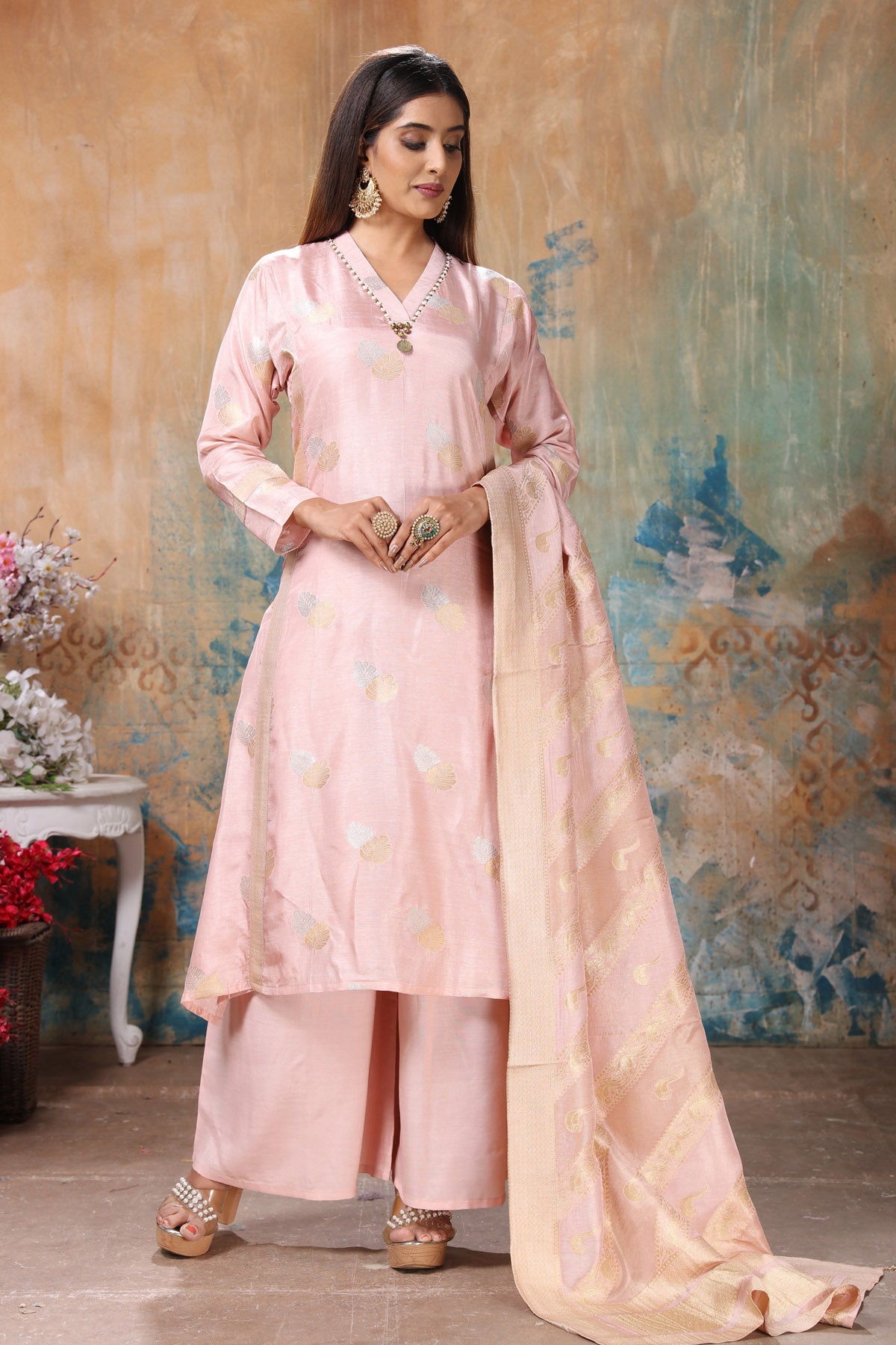 Buy gorgeous powder pink embroidered palazzo suit online in USA with dupatta. Flaunt Indian style at parties and weddings in beautiful designer dresses, salwar suits, Anarkali suits, gowns, palazzo suits from Pure Elegance Indian fashion store in USA.-full view