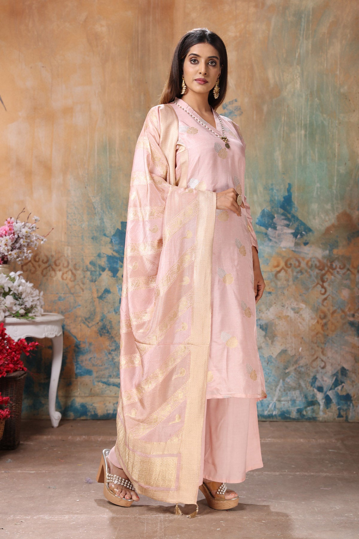 Buy gorgeous powder pink embroidered palazzo suit online in USA with dupatta. Flaunt Indian style at parties and weddings in beautiful designer dresses, salwar suits, Anarkali suits, gowns, palazzo suits from Pure Elegance Indian fashion store in USA.-right