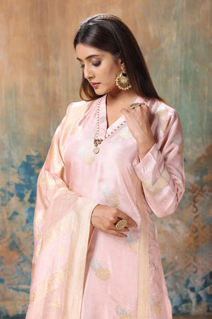 Buy gorgeous powder pink embroidered palazzo suit online in USA with dupatta. Flaunt Indian style at parties and weddings in beautiful designer dresses, salwar suits, Anarkali suits, gowns, palazzo suits from Pure Elegance Indian fashion store in USA.-closeup