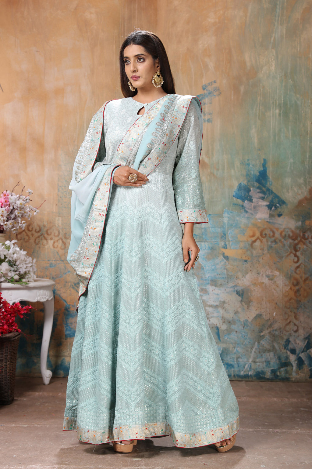 Shop stunning powder blue embroidered Anarkali suit online in USA with dupatta. Flaunt Indian style at parties and weddings in beautiful designer dresses, salwar suits, Anarkali suits, gowns, palazzo suits from Pure Elegance Indian fashion store in USA.-full view