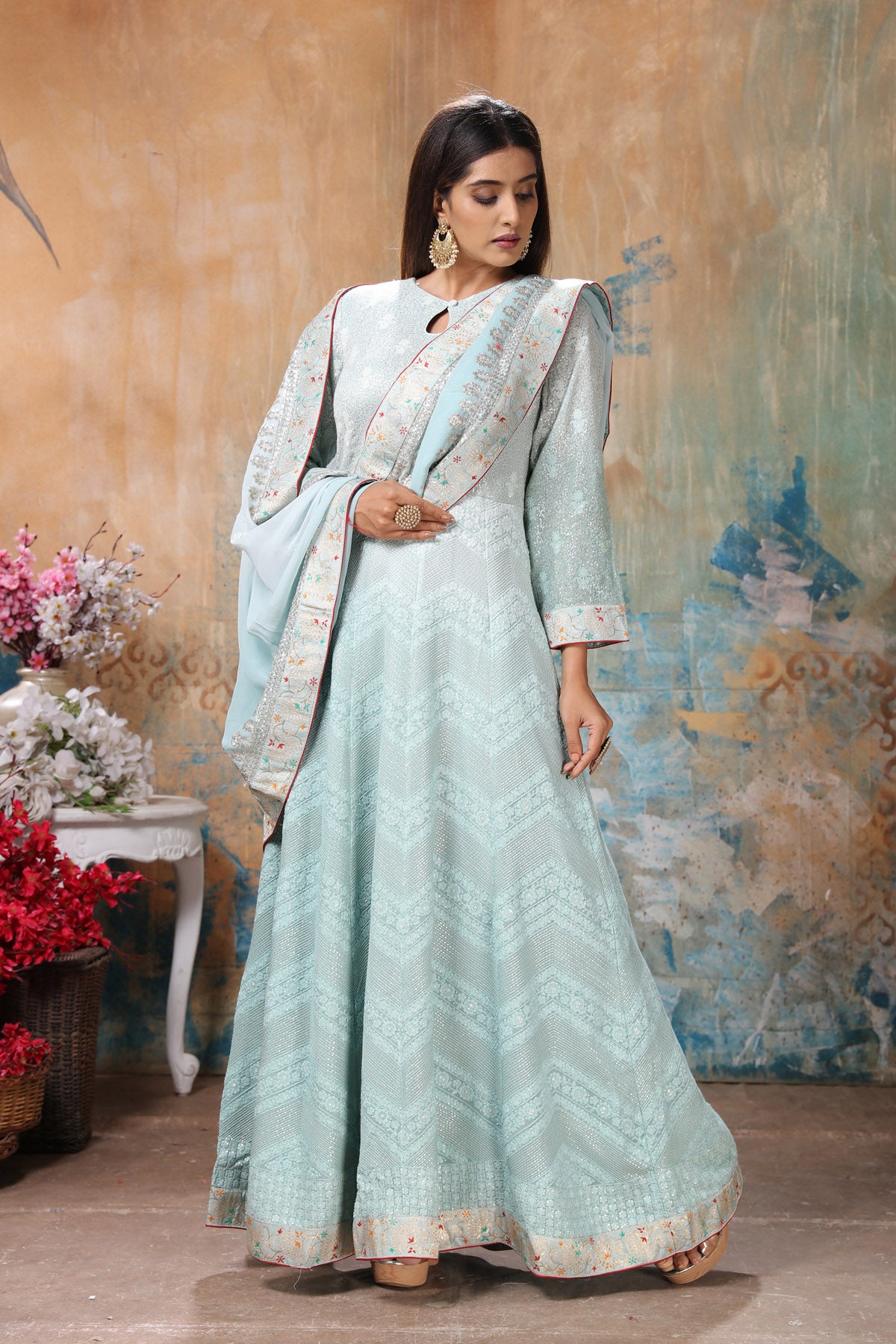 Buy Dark Blue Georgette Embroidered Anarkali Long Gown – Gunj Fashion