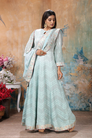 Shop stunning powder blue embroidered Anarkali suit online in USA with dupatta. Flaunt Indian style at parties and weddings in beautiful designer dresses, salwar suits, Anarkali suits, gowns, palazzo suits from Pure Elegance Indian fashion store in USA.-side