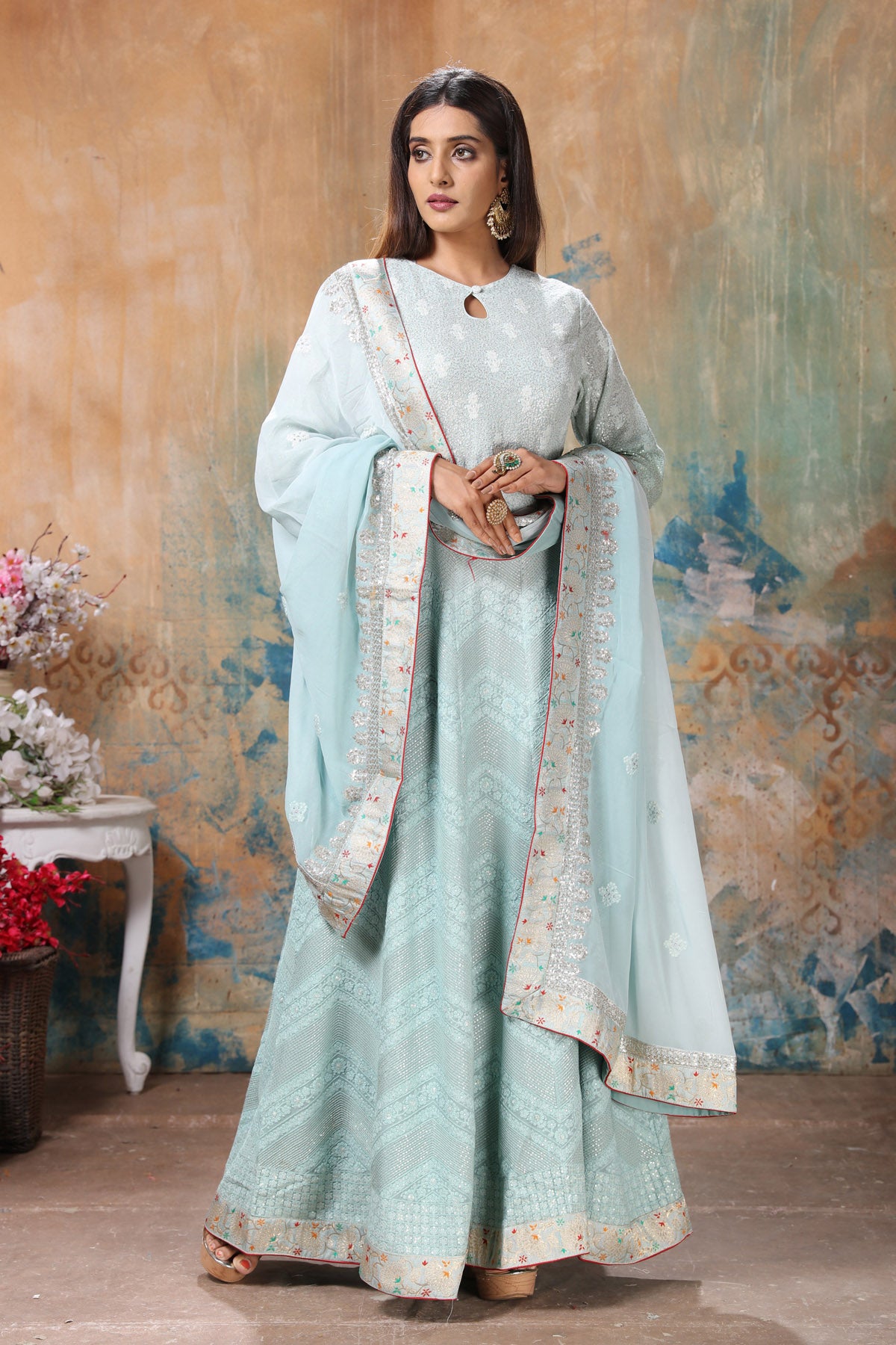 Shop stunning powder blue embroidered Anarkali suit online in USA with dupatta. Flaunt Indian style at parties and weddings in beautiful designer dresses, salwar suits, Anarkali suits, gowns, palazzo suits from Pure Elegance Indian fashion store in USA.-dupatta