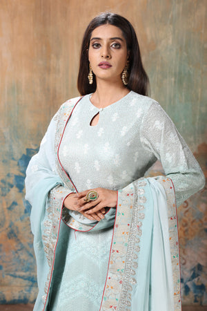 Shop stunning powder blue embroidered Anarkali suit online in USA with dupatta. Flaunt Indian style at parties and weddings in beautiful designer dresses, salwar suits, Anarkali suits, gowns, palazzo suits from Pure Elegance Indian fashion store in USA.-closeup