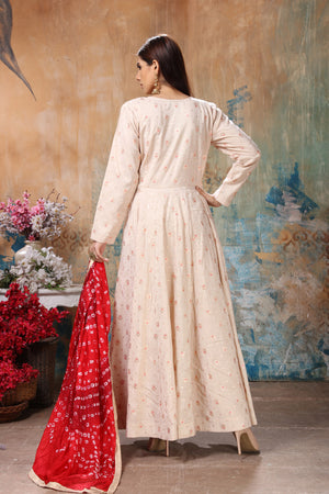 Shop beautiful cream embroidered Anarkali suit online in USA with red dupatta. Flaunt Indian style at parties and weddings in beautiful designer dresses, salwar suits, Anarkali suits, gowns, palazzo suits from Pure Elegance Indian fashion store in USA.-back