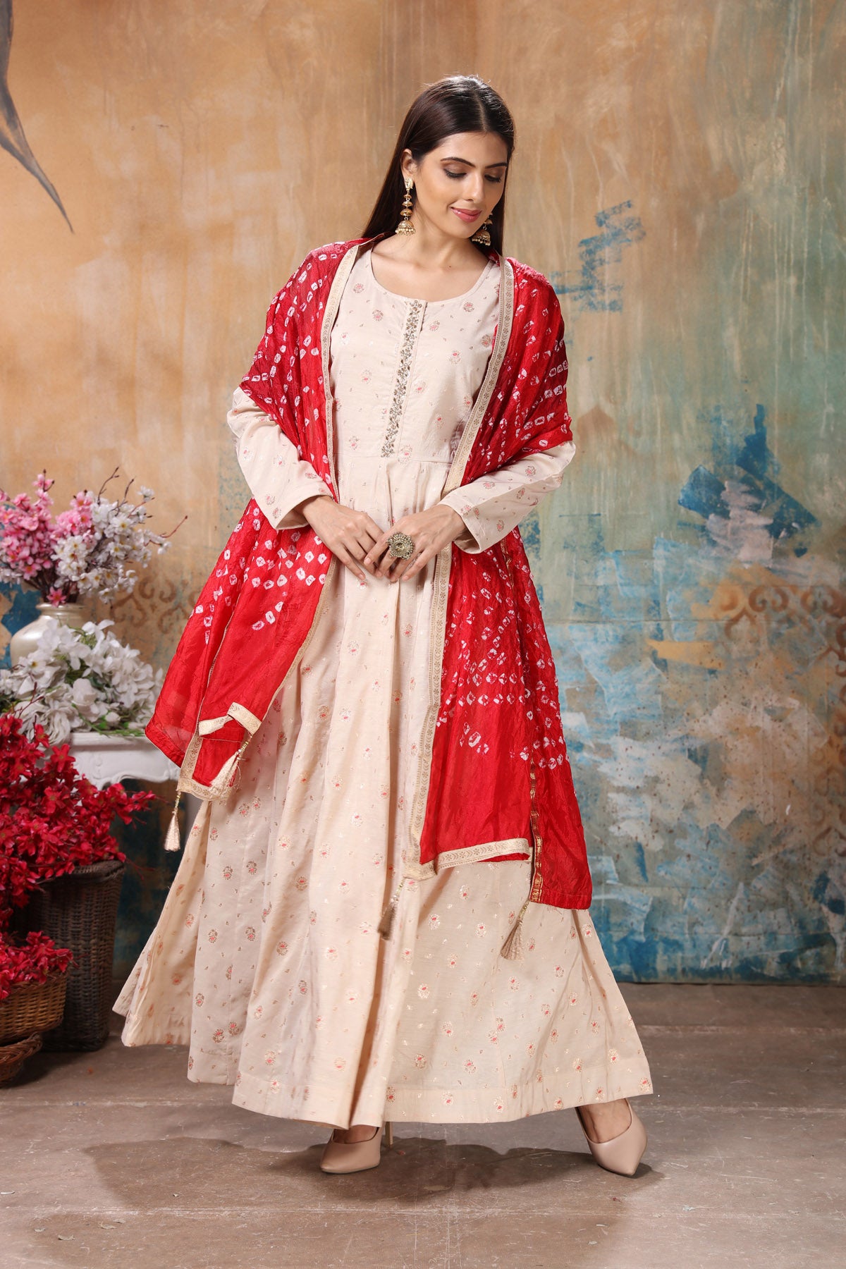 Shop beautiful cream embroidered Anarkali suit online in USA with red dupatta. Flaunt Indian style at parties and weddings in beautiful designer dresses, salwar suits, Anarkali suits, gowns, palazzo suits from Pure Elegance Indian fashion store in USA.-full view