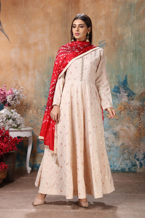 Shop beautiful cream embroidered Anarkali suit online in USA with red dupatta. Flaunt Indian style at parties and weddings in beautiful designer dresses, salwar suits, Anarkali suits, gowns, palazzo suits from Pure Elegance Indian fashion store in USA.-dupatta