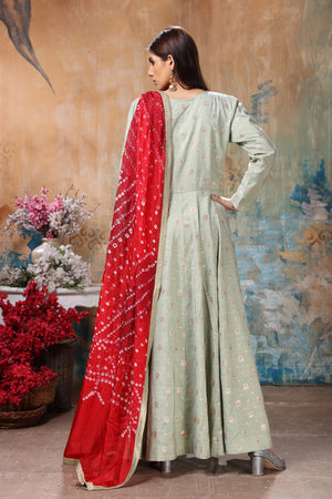 Buy stunning light grey embroidered Anarkali suit online in USA with red bandhej dupatta. Flaunt Indian style at parties and weddings in beautiful designer dresses, salwar suits, Anarkali suits, gowns, palazzo suits from Pure Elegance Indian fashion store in USA.-back