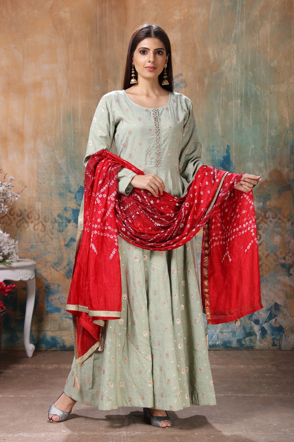 Buy stunning light grey embroidered Anarkali suit online in USA with red bandhej dupatta. Flaunt Indian style at parties and weddings in beautiful designer dresses, salwar suits, Anarkali suits, gowns, palazzo suits from Pure Elegance Indian fashion store in USA.-full view