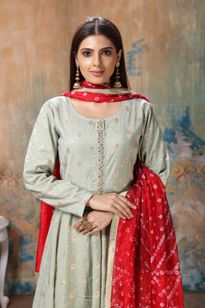 Buy stunning light grey embroidered Anarkali suit online in USA with red bandhej dupatta. Flaunt Indian style at parties and weddings in beautiful designer dresses, salwar suits, Anarkali suits, gowns, palazzo suits from Pure Elegance Indian fashion store in USA.-closeup