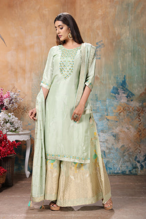 Shop beautiful mint green embroidered palazzo suit online in USA with dupatta. Flaunt Indian style at parties and weddings in beautiful designer dresses, salwar suits, Anarkali suits, gowns, palazzo suits from Pure Elegance Indian fashion store in USA.-dupatta