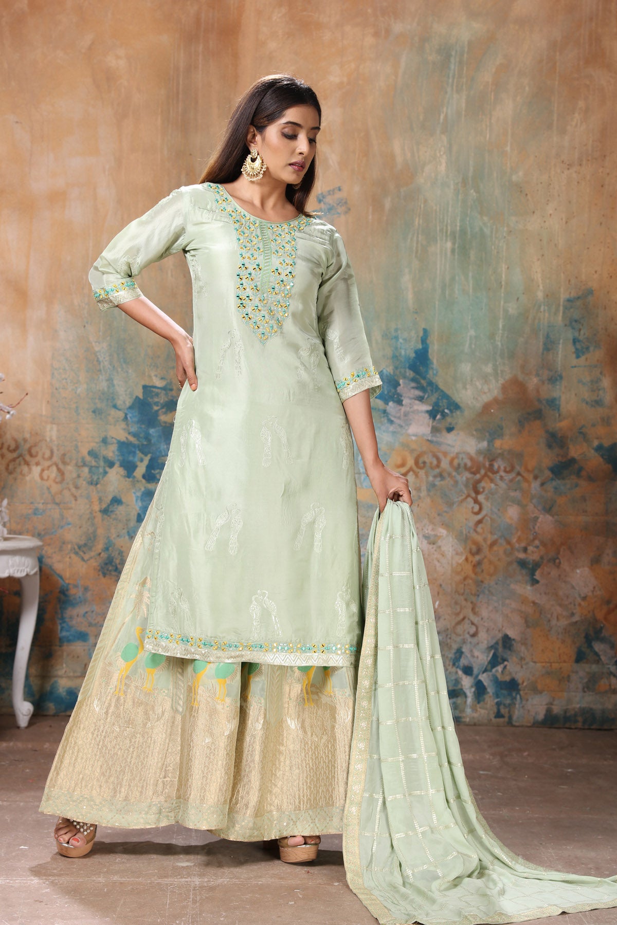 Shop beautiful mint green embroidered palazzo suit online in USA with dupatta. Flaunt Indian style at parties and weddings in beautiful designer dresses, salwar suits, Anarkali suits, gowns, palazzo suits from Pure Elegance Indian fashion store in USA.-side