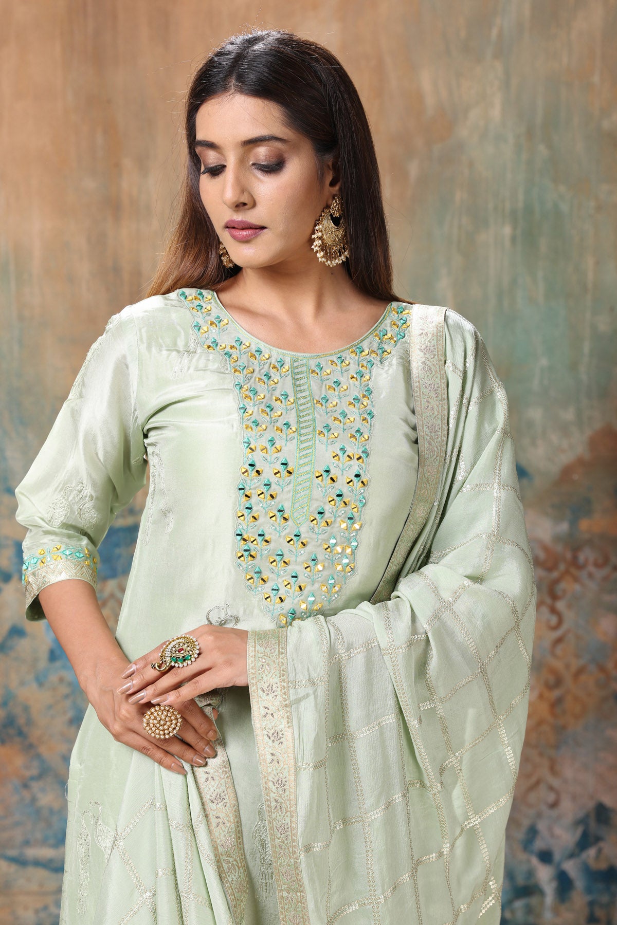 Shop beautiful mint green embroidered palazzo suit online in USA with dupatta. Flaunt Indian style at parties and weddings in beautiful designer dresses, salwar suits, Anarkali suits, gowns, palazzo suits from Pure Elegance Indian fashion store in USA.-closeup