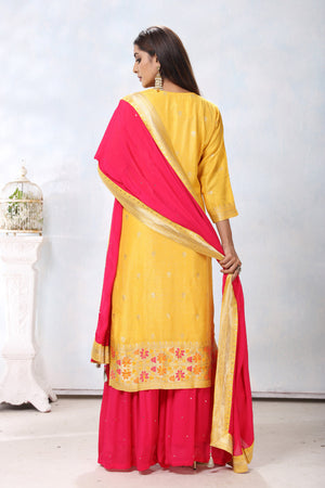 Shop beautiful yellow and pink embroidered crepe palazzo suit online in USA with dupatta. Flaunt Indian style at parties and weddings in beautiful designer dresses, salwar suits, Anarkali suits, gowns, palazzo suits from Pure Elegance Indian fashion store in USA.-back