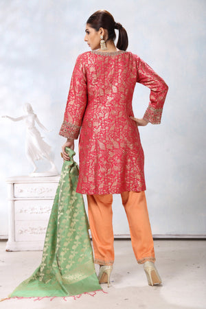 Buy beautiful pink embroidered suit online in USA with orange pants and green dupatta. Flaunt Indian style at parties and weddings in beautiful designer dresses, salwar suits, Anarkali suits, gowns, palazzo suits from Pure Elegance Indian fashion store in USA.-back